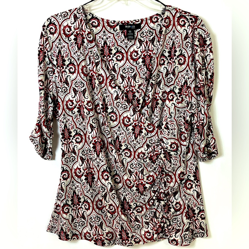 Style & Co Women’s Red Geometric Short Sleeve Faux Wrap Ruched Blouse Sz PXL
